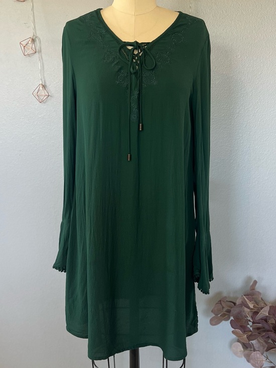 Xhilaration Dresses & Skirts - Xhilaration Forest Green Long Sleeve Lace-Up Tunic Dress